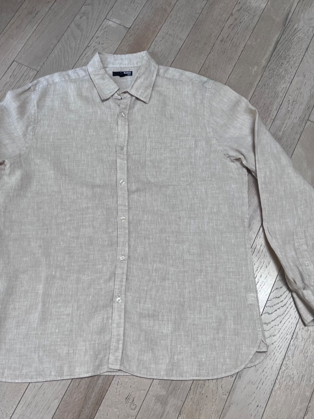 Murano Men's L 100% Linen Untucked Button Down Shirt Tan Beige Long Sleeve  100%